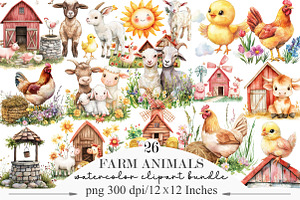 Watercolor Farm Animals Clipart Set, an Illustration by Designking