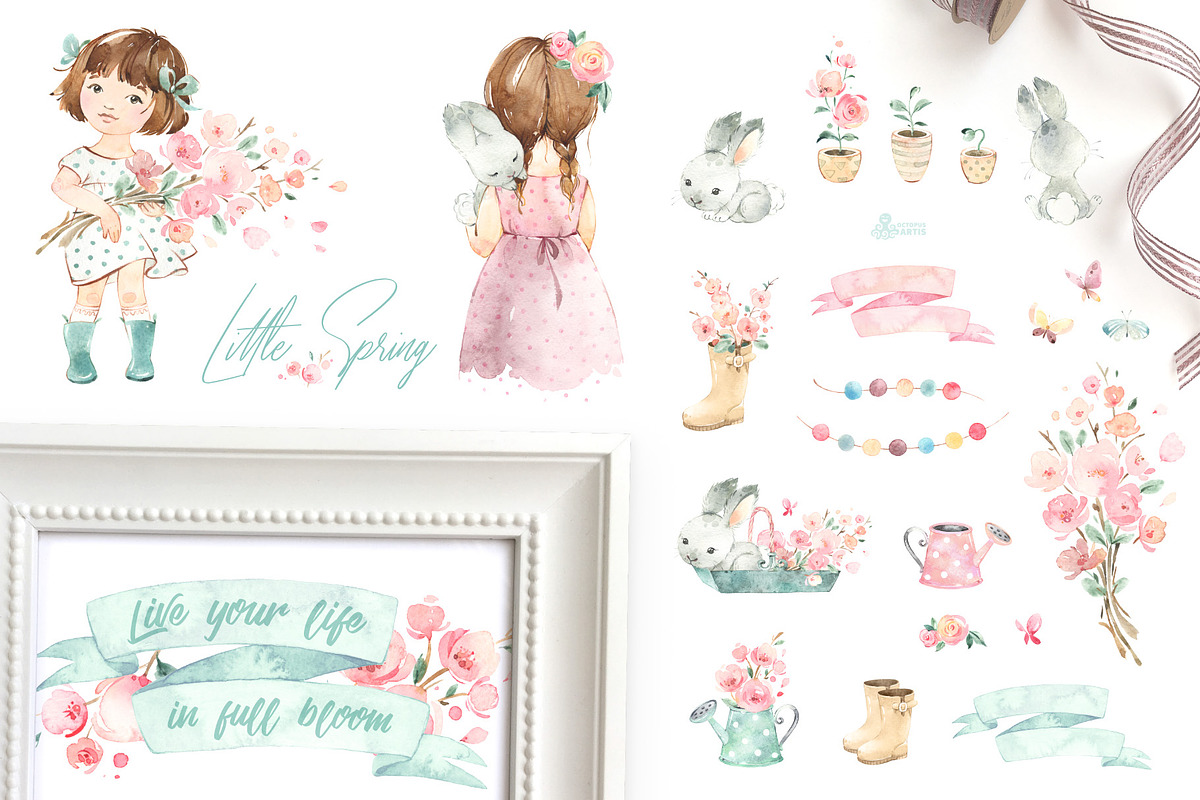 Little Spring. Cute Watercolor Set, an Illustration by OctopusArtis (Photo 2 of 10)