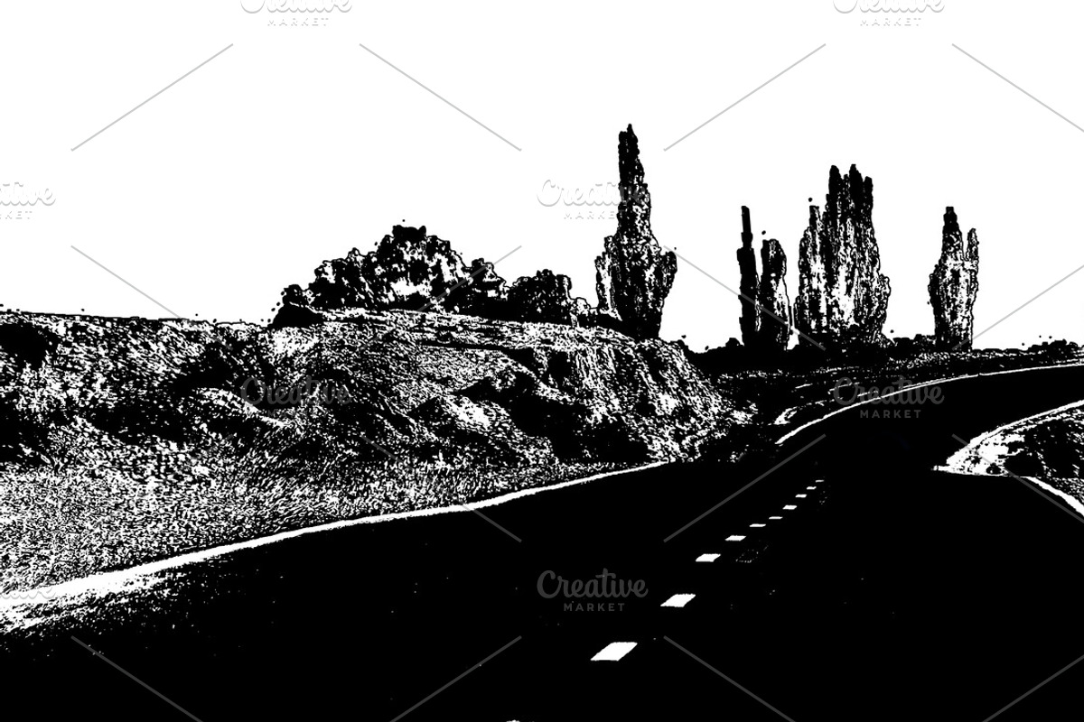 Isolated stencil styl graphic of a highway crossing steepe arid, a Background Graphic by DanFLCreativo