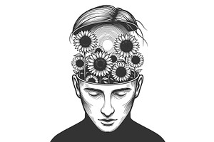 Open Mind Filled Sunflowers vector, a Person Illustration by AlexArt