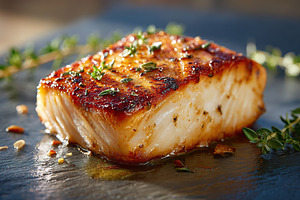 Delicious grilled fish fillet with herbs on a rustic serving board, a Food & Drink Photo by AlyaAnd