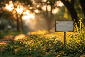 Blank wooden sign in a sunlit forest, a Photo by Pixeness Studio