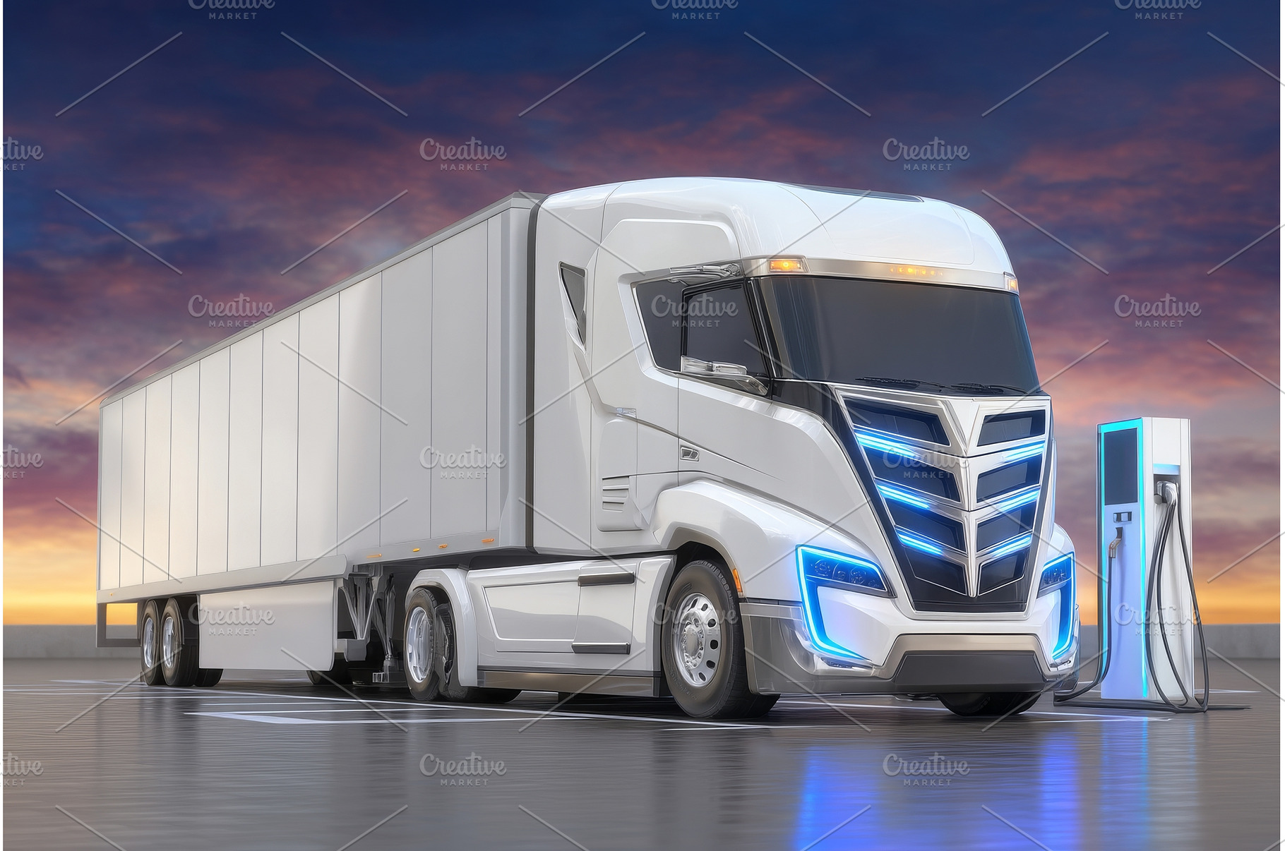 At sunrise, a futuristic truck is, a Transportation Photo by ZinetroN