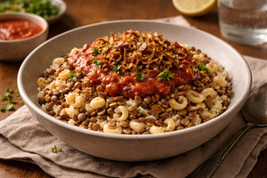 Egyptian cuisine dish koshari with r, a Photo by Dvoevnore photos