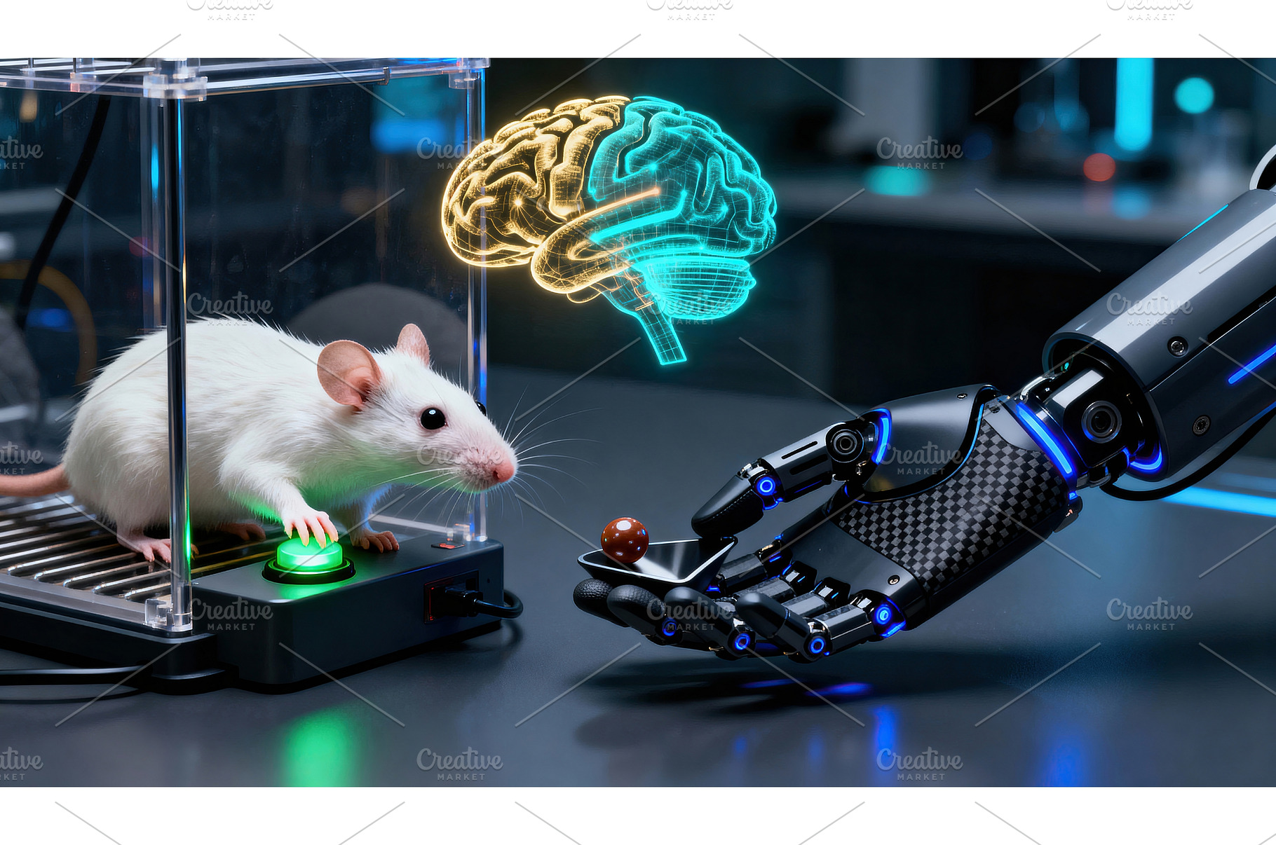 White lab rat interacting with, a Technology Photo by tilialucida