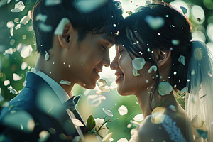 Happy young asian bride and groom celebrating marriage ceremony, a Person Photo by AlyaAnd