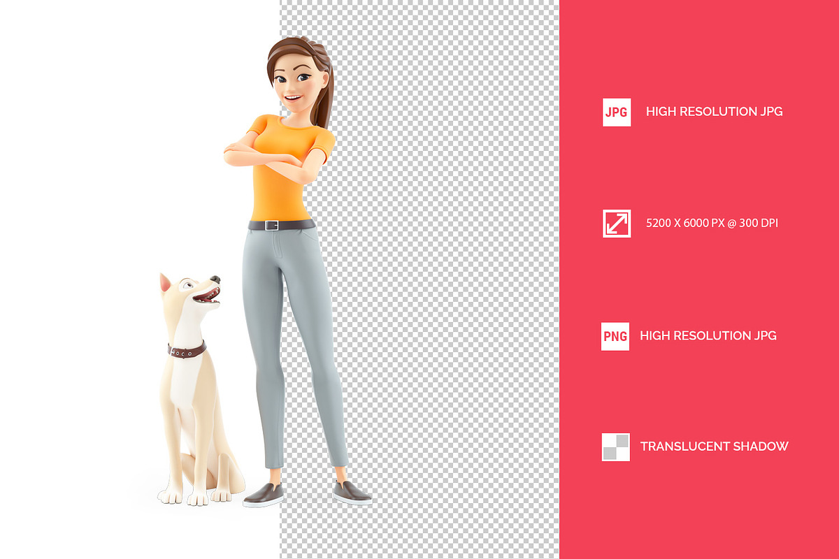 3D Woman Standing with her Dog, a Person Illustration by 3DMask