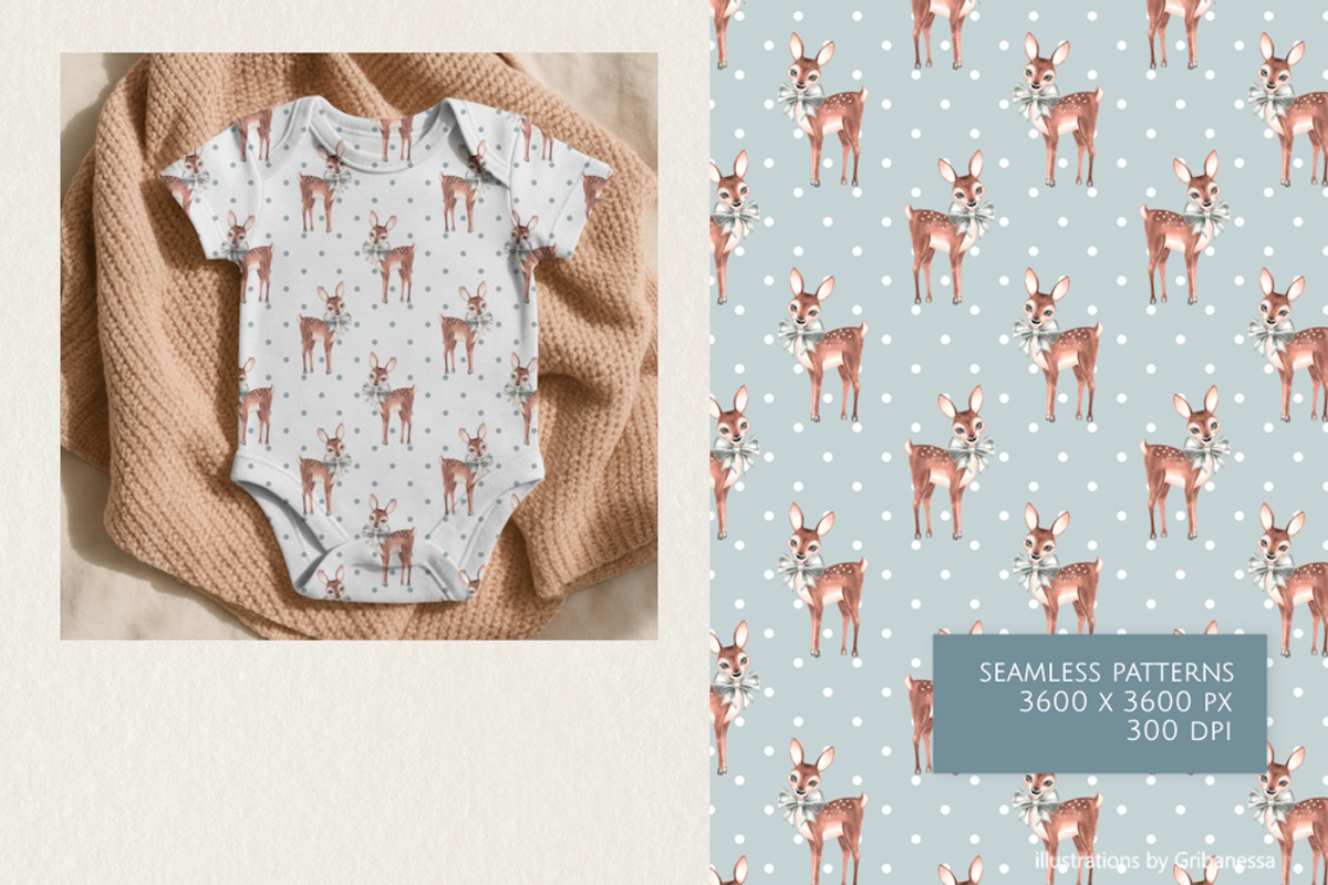 Watercolor Fawn Seamless Pattern Set, a Pattern Graphic by Gribanessa (Photo 3 of 4)