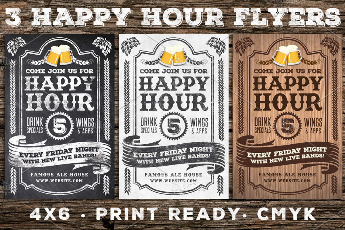 3 Vintage Happy Hour Flyers, a Flyer Template by SkyvaraSupply