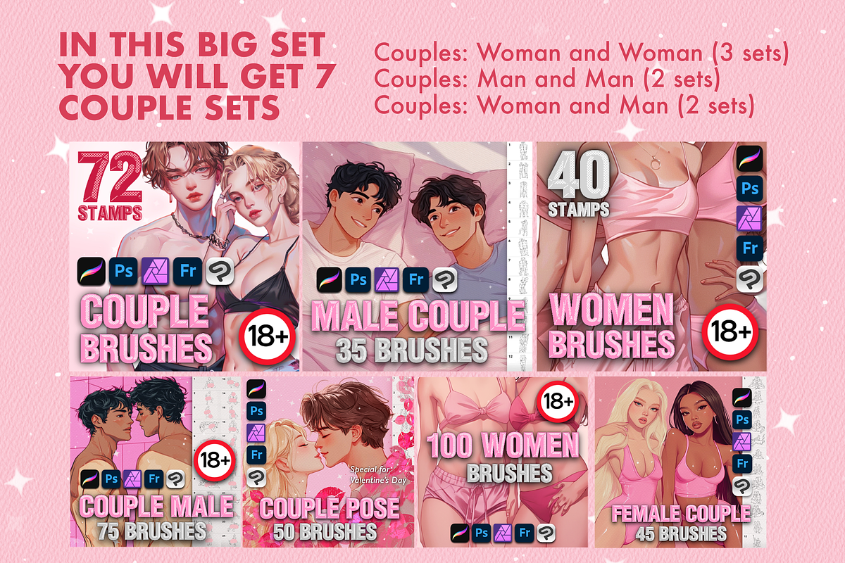 Procreate love couple pose brushes, a Brush Add-On by Revabrush (Photo 2 of 7)
