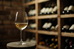 Glass of white wine on table in cellar, a Food & Drink Photo by AlyaAnd