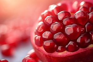 Close-up of vibrant red pomegranate seeds glistening under soft, a Food & Drink Photo by ImageMir