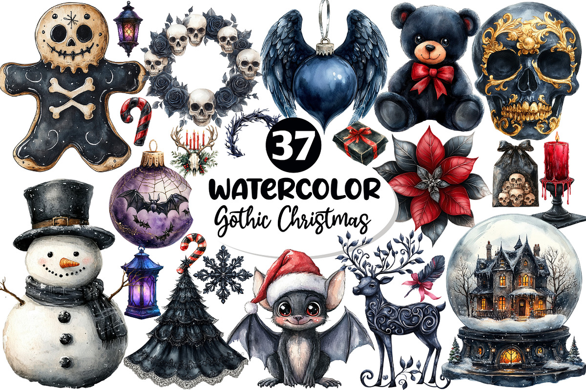 Watercolor Gothic Christmas Clipart, an Illustration by Dream Creation (Photo 1 of 7)
