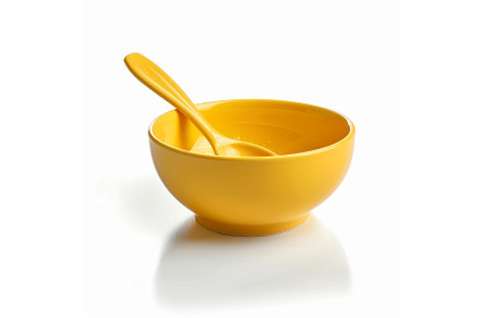 Yellow empty bowl with spoon resting, a Food & Drink Photo by Ylivdesign