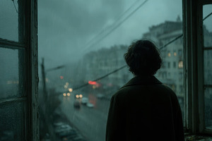 Rainy Cityscape Woman at Window Silh, a Photo by Pixeness Studio