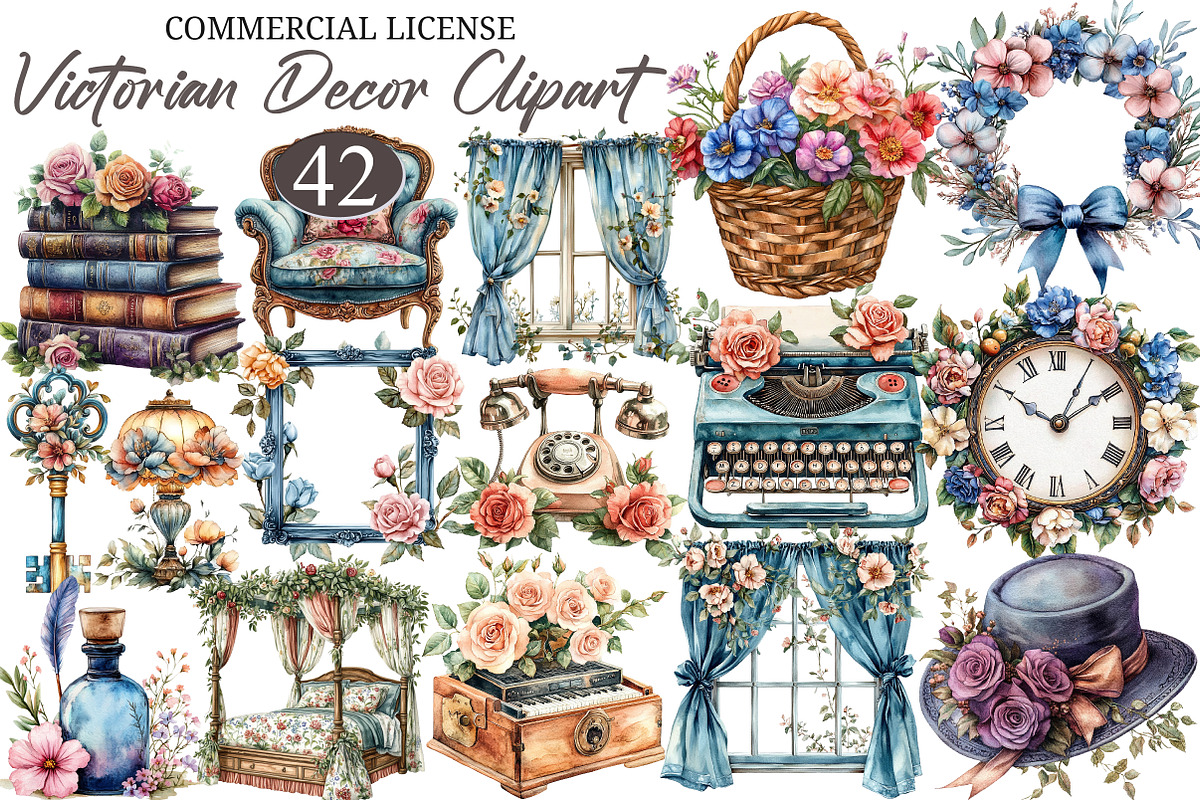 Watercolor Victorian Decor Clipart, an Illustration by designcity5 (Photo 1 of 5)