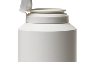 White plastic jar with an open flip-top lid for vitamins or medi