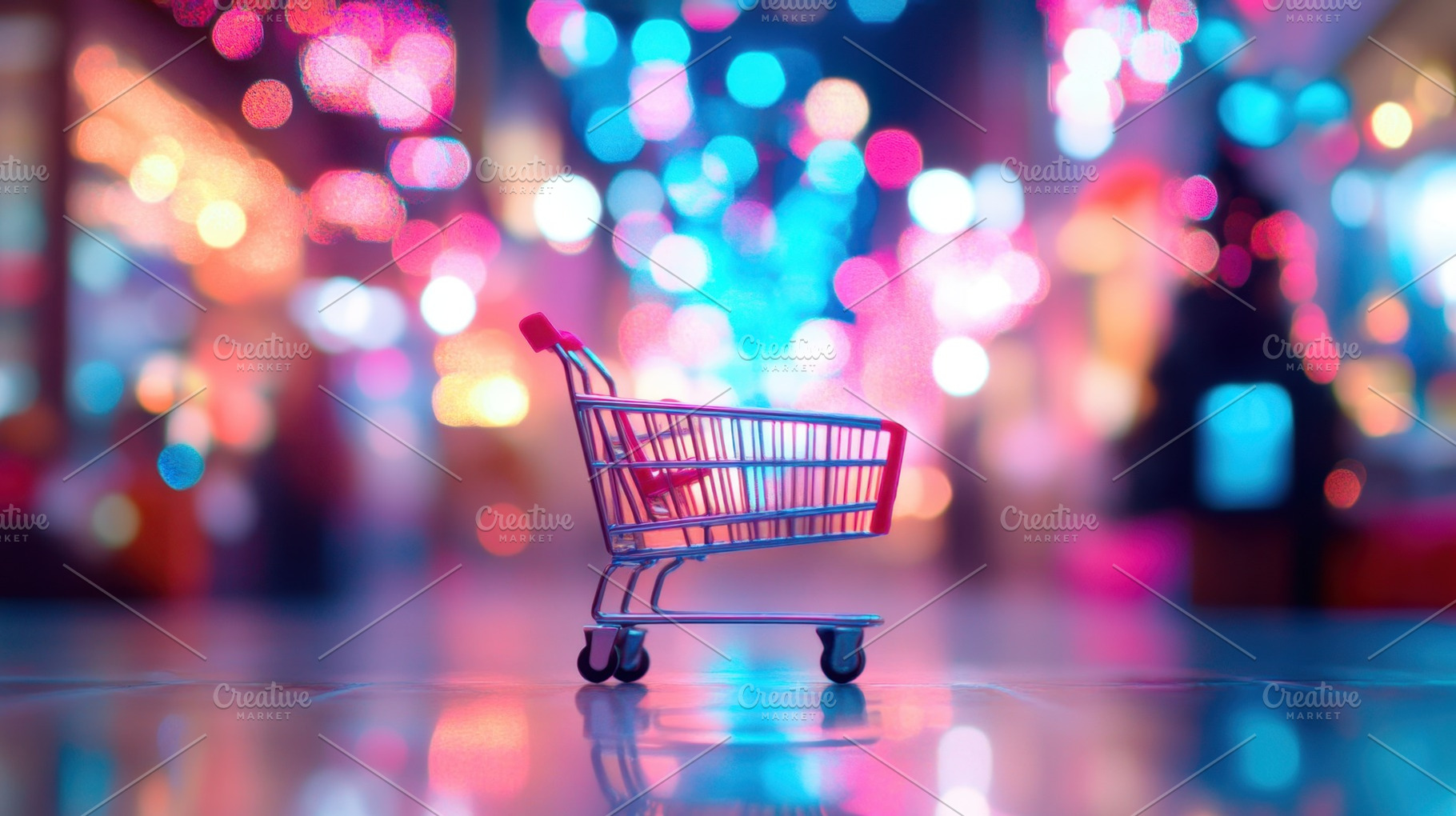 Shopping cart in vibrant city night, a Photo by Beautiful things