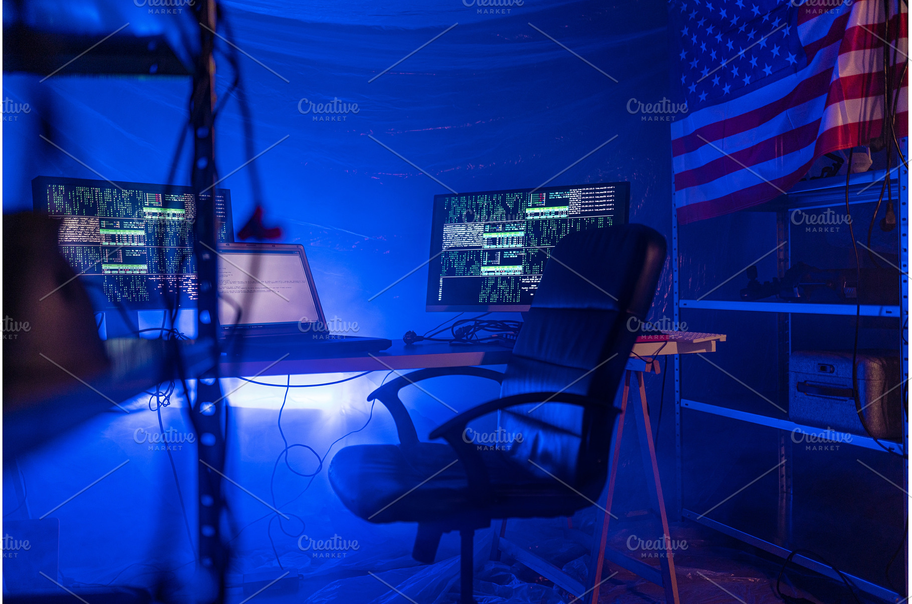 Internet hacker workplace in dark, a Technology Photo by HalfPoint