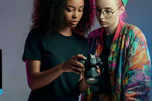 Two Young Women Reviewing Photos on, a Beauty & Fashion Photo by Stock Shape
