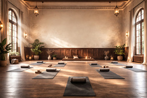 Yoga studio with mats and props set, a Photo by Dvoevnore photos