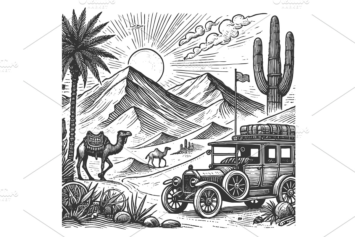Desert Travel Scene with Camels and, an Illustration by AlexArt
