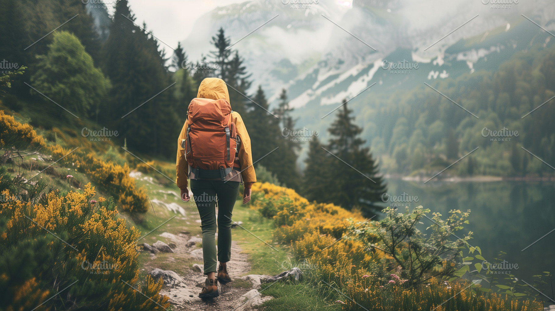 Female hiker on a path in mountains, a Person Photo by MistyDay