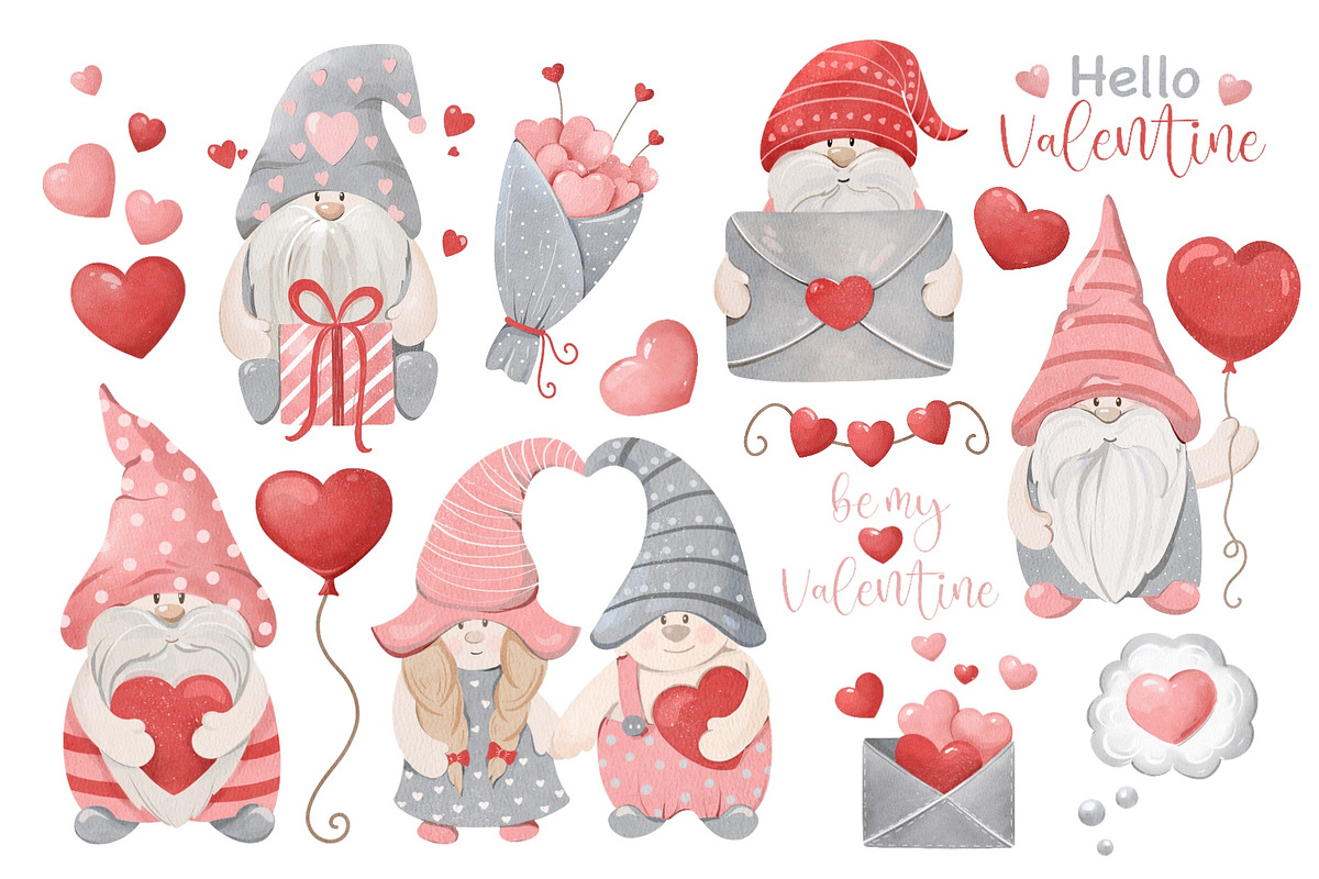 Watercolor Valentine Gnomes Clipart, a Seasonal Illustration by ArtGiftsStudio (Photo 2 of 4)