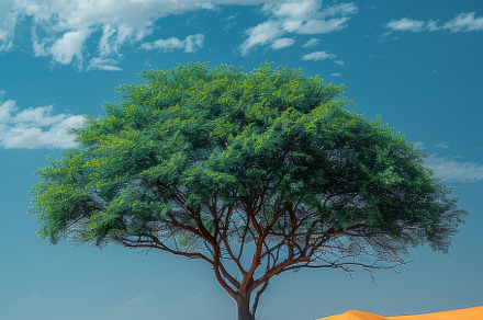 Stunning Solitary Green Tree in the Midst of Vast Desert Sands Under Blue Sky, a Photo by AS photostudio