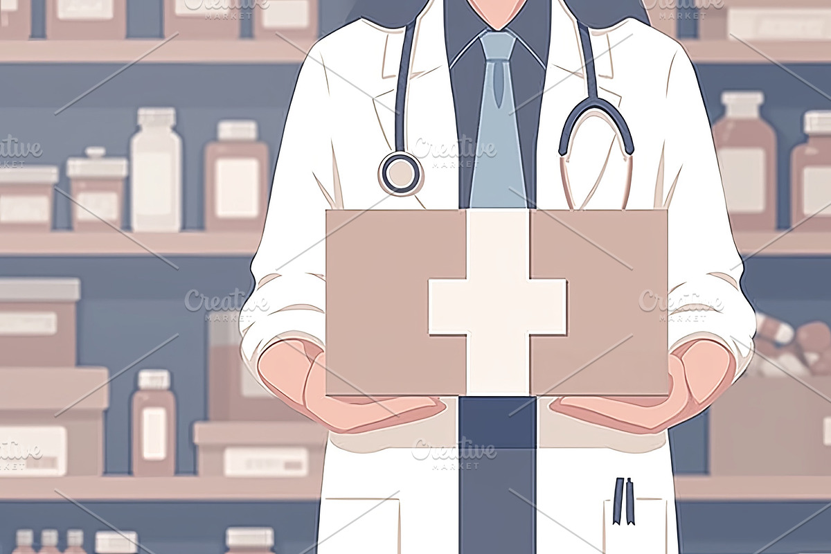 Doctor holding a healthcare package in a medical supplies environment, an Illustration by AS photostudio