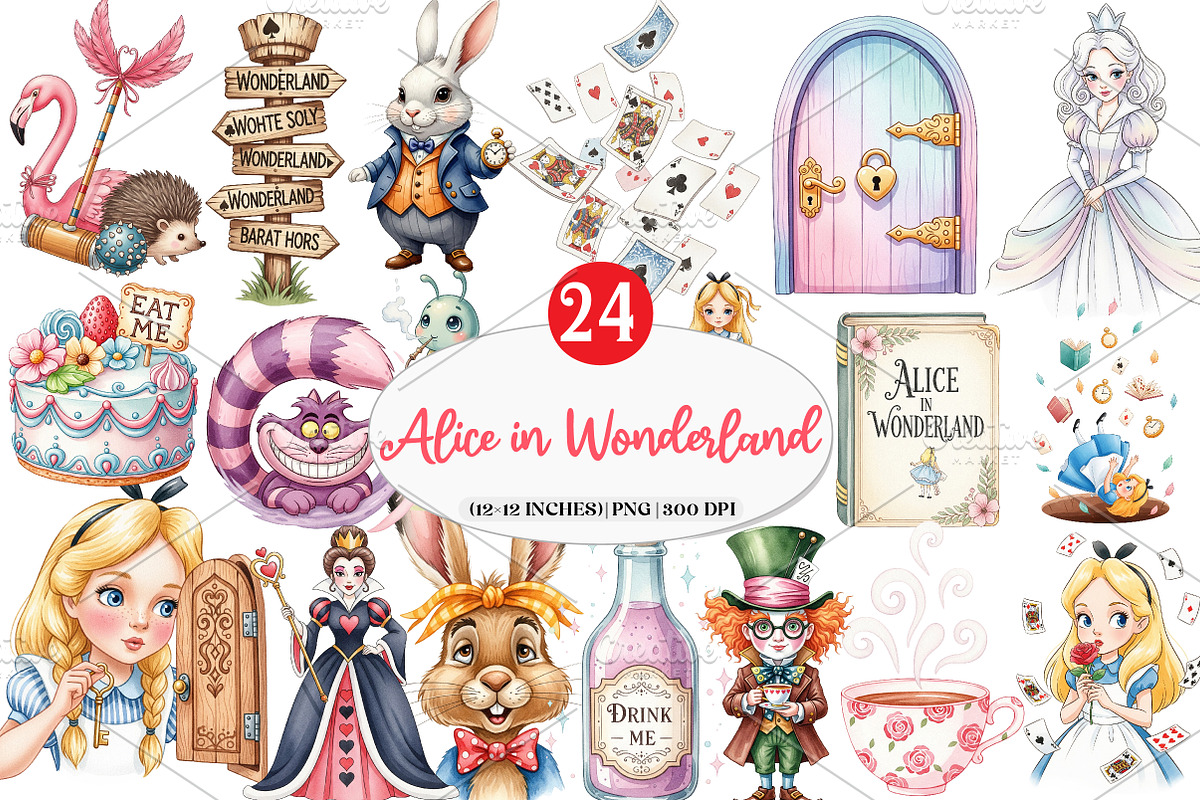 Vintage Alice in Wonderland Clipart, an Illustration by Watercolor design (Photo 1 of 4)