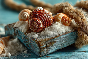 Seashells on weathered wood with sea salt and rope in a coastal, a Holiday Photo by José Manuel Gelpi