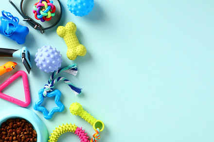 Pet toys and accessories on blue table. Flat lay, top view.
