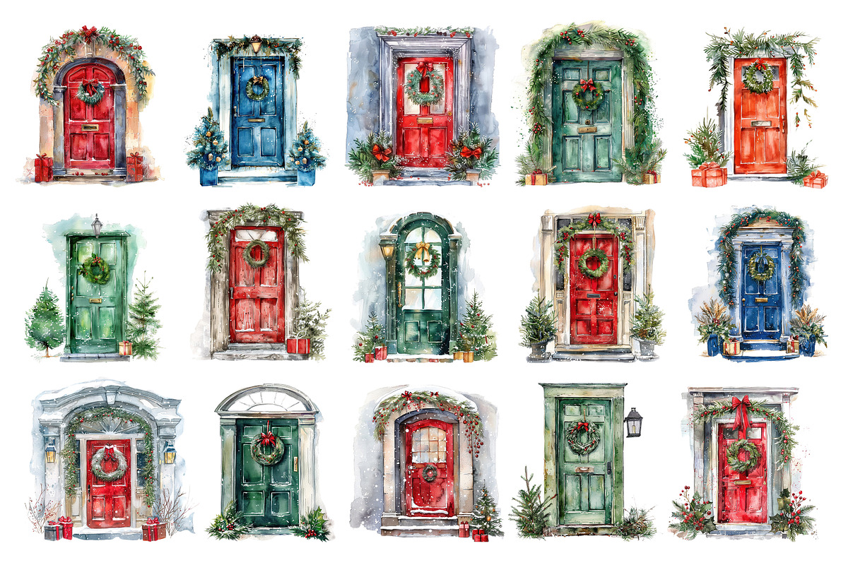 Watercolor Christmas doors PNG, a Seasonal Illustration by dashtik (Photo 6 of 7)