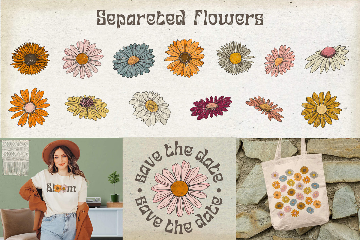 Set of SVG & PNG retro Daisies, a Decorative Illustration by marie dricot (Photo 3 of 10)