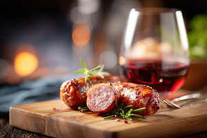 Smoked sausage pieces arranged on a wooden board with a glass of wine nearby, a Food & Drink Photo by AlyaAnd