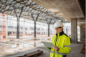 Female engineer checking building, an Industrial Photo by HalfPoint