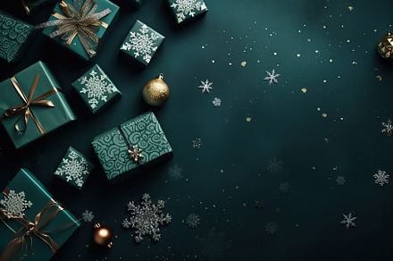 Christmas gift boxes with baubles on green background, a Holiday Photo by AlyaAnd