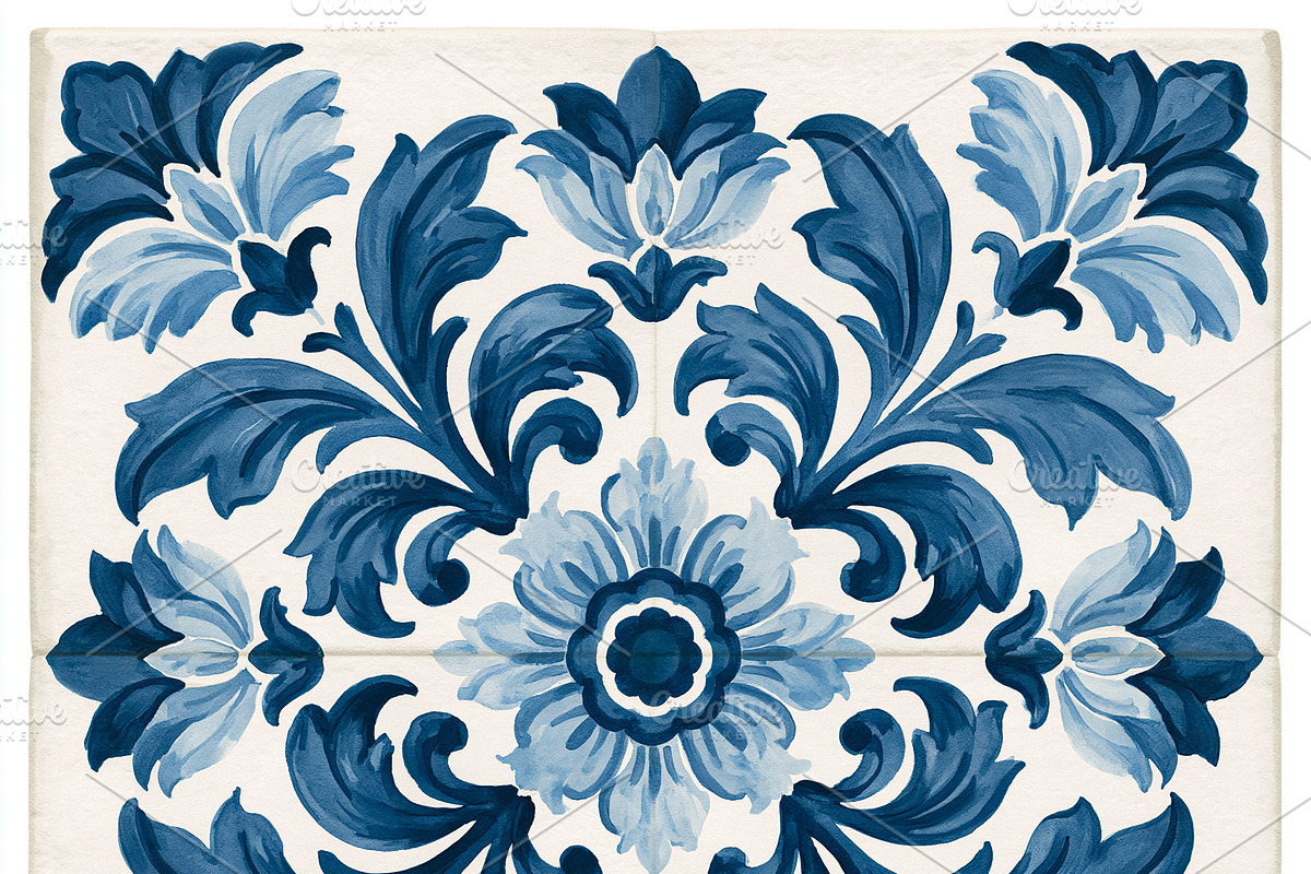 Azulejo tile creating a symmetrical floral pattern with blue orn, an Illustration by Studio ANNA