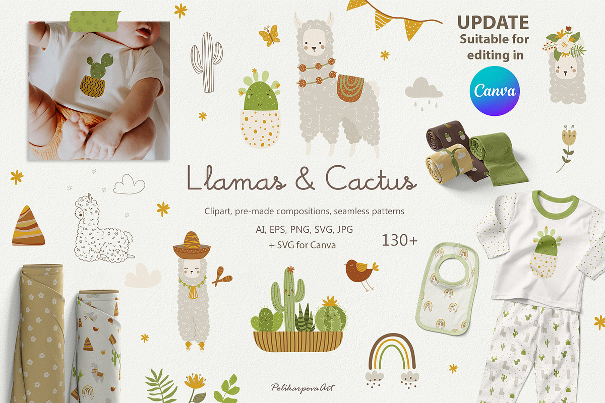 Llamas & Cactus clipart and patterns, an Animal Illustration by polikarpovaart (Photo 1 of 11)