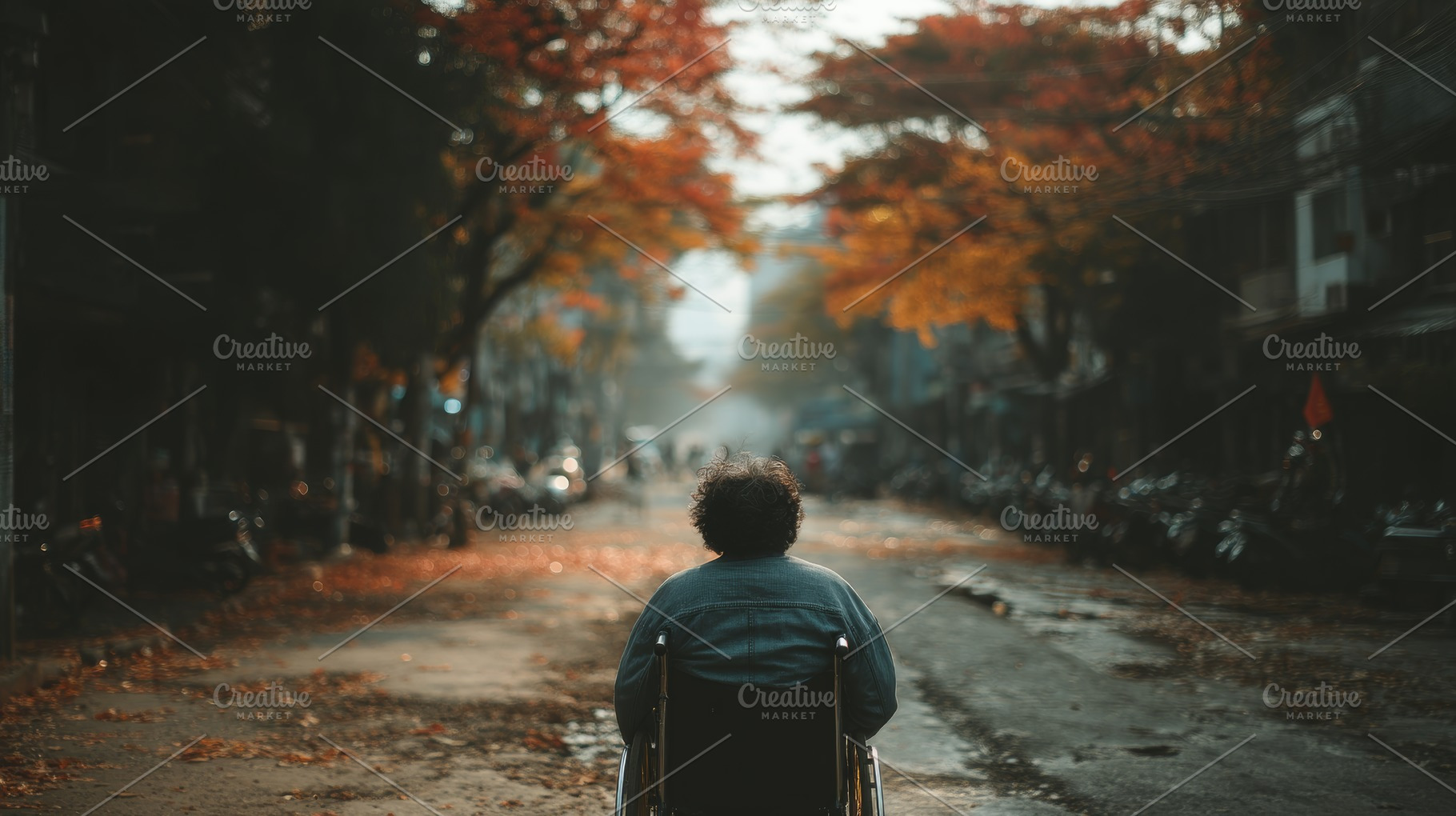 Person in wheelchair viewing autumn city street with vibrant leaves, a Photo by AS photostudio