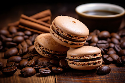 Brown macarons dessert with coffee beans on wooden background, a Food & Drink Photo by AlyaAnd
