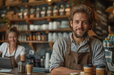 Smiling Male Coffee Shop Owner with Female Manager in Background, a Photo by AS photostudio