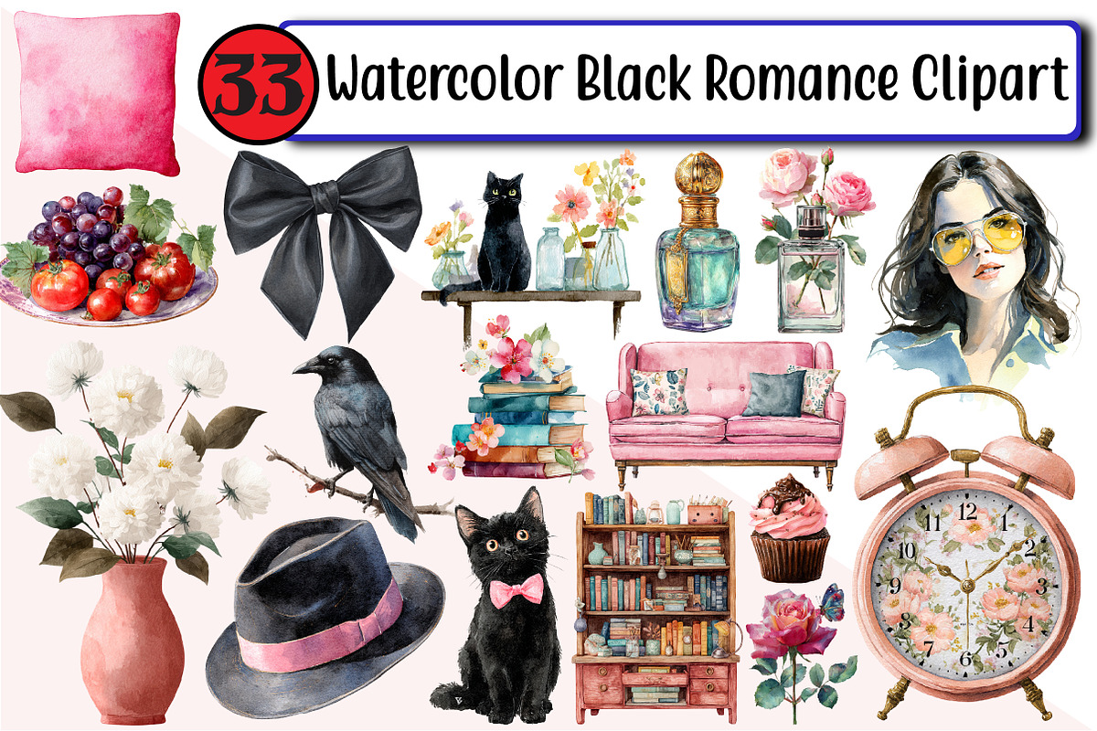 Watercolor Black Romance Clipart, an Illustration by Design Market (Photo 1 of 3)