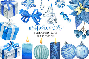 Watercolor Blue Christmas Clipart