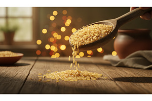 Wooden spoon held by a hand pours, a Food & Drink Photo by Igor Tichonow