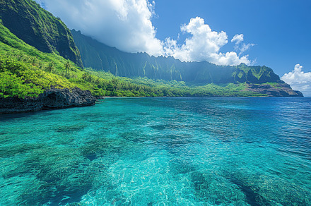 Vibrant turquoise waters meet lush g, a Photo by Tanuart