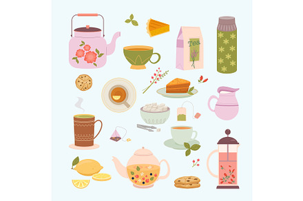 tea time. hot drink kettle cups with, an Illustration by Multigon