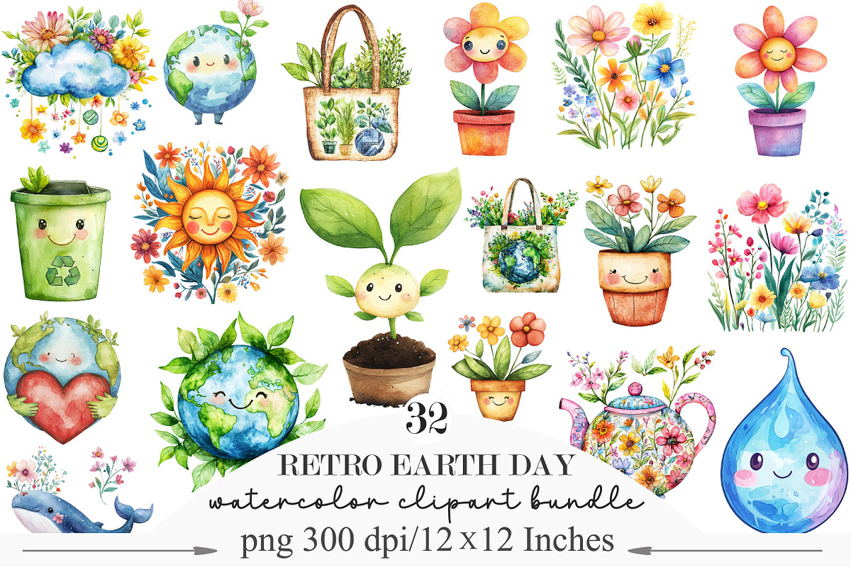 Retro Earth Day PNG Clipart Bundle, a Seasonal Illustration by Designking (Photo 1 of 5)