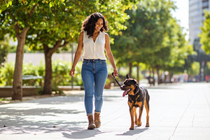 Woman walking her dog on a city sidewalk, a Person Photo by DanFLCreativo